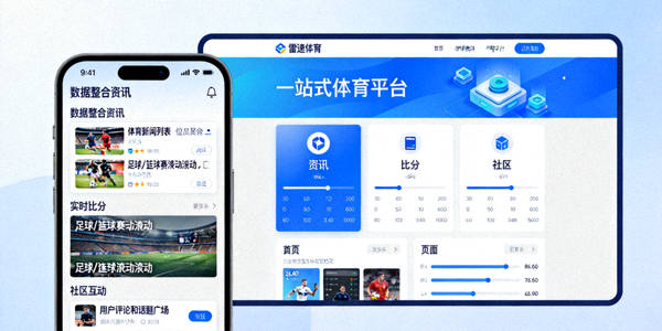 一站式体育平台：雷速体育数据整合资讯、比分与社区互动，展示手机App与网页多端界面