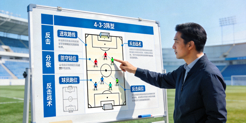 足球战术分析图示：教练在战术板上讲解比赛策略